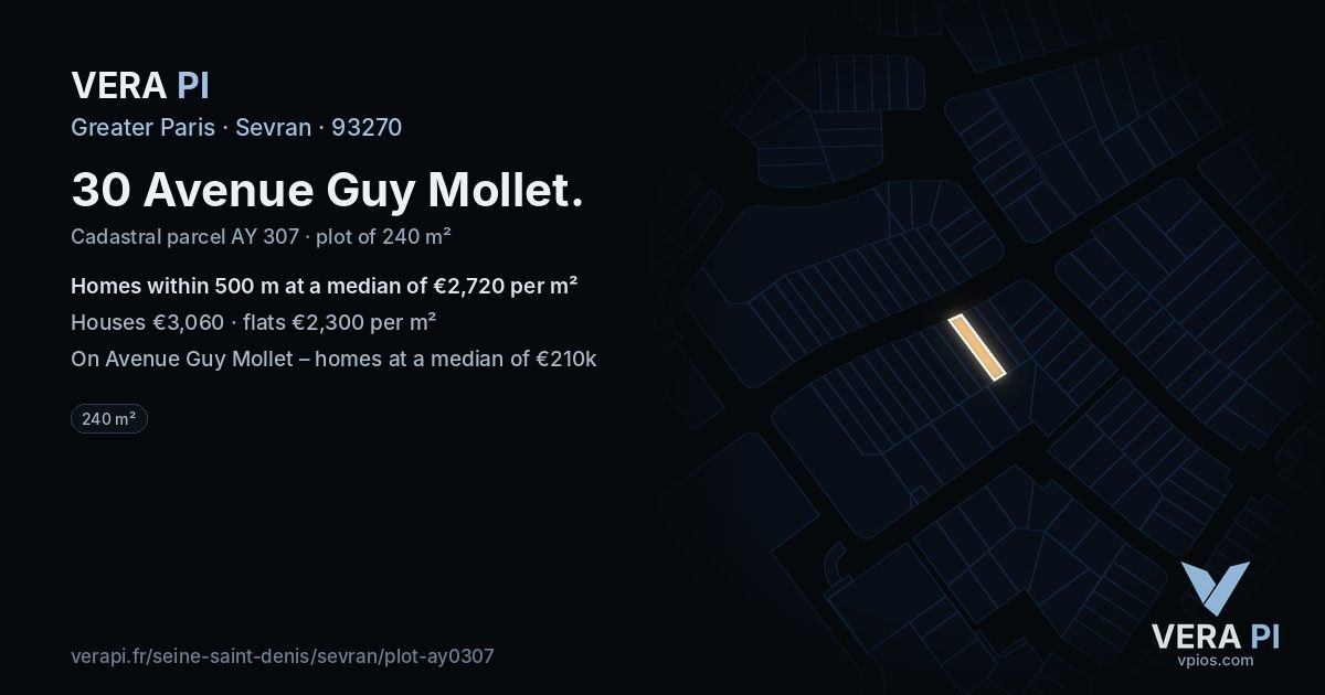 30 Avenue Guy Mollet, Sevran at night – the plot lit, the parcels around coloured by the prices near them