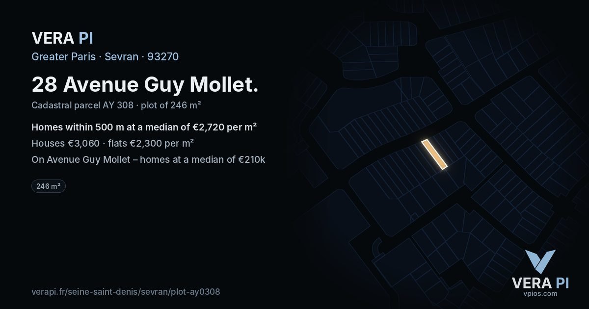 28 Avenue Guy Mollet, Sevran at night – the plot lit, the parcels around coloured by the prices near them
