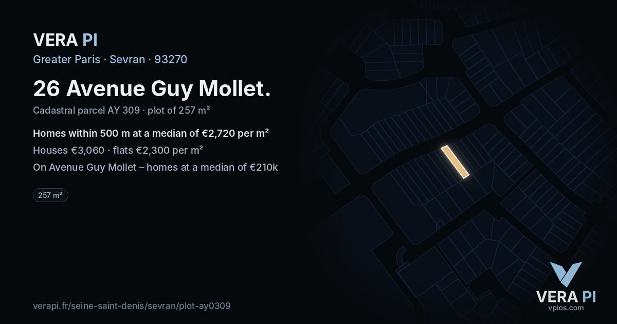 26 Avenue Guy Mollet, Sevran at night – the plot lit, the parcels around coloured by the prices near them
