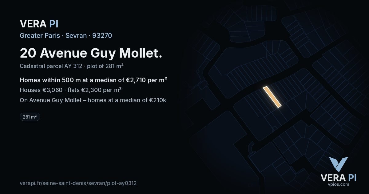 20 Avenue Guy Mollet, Sevran at night – the plot lit, the parcels around coloured by the prices near them