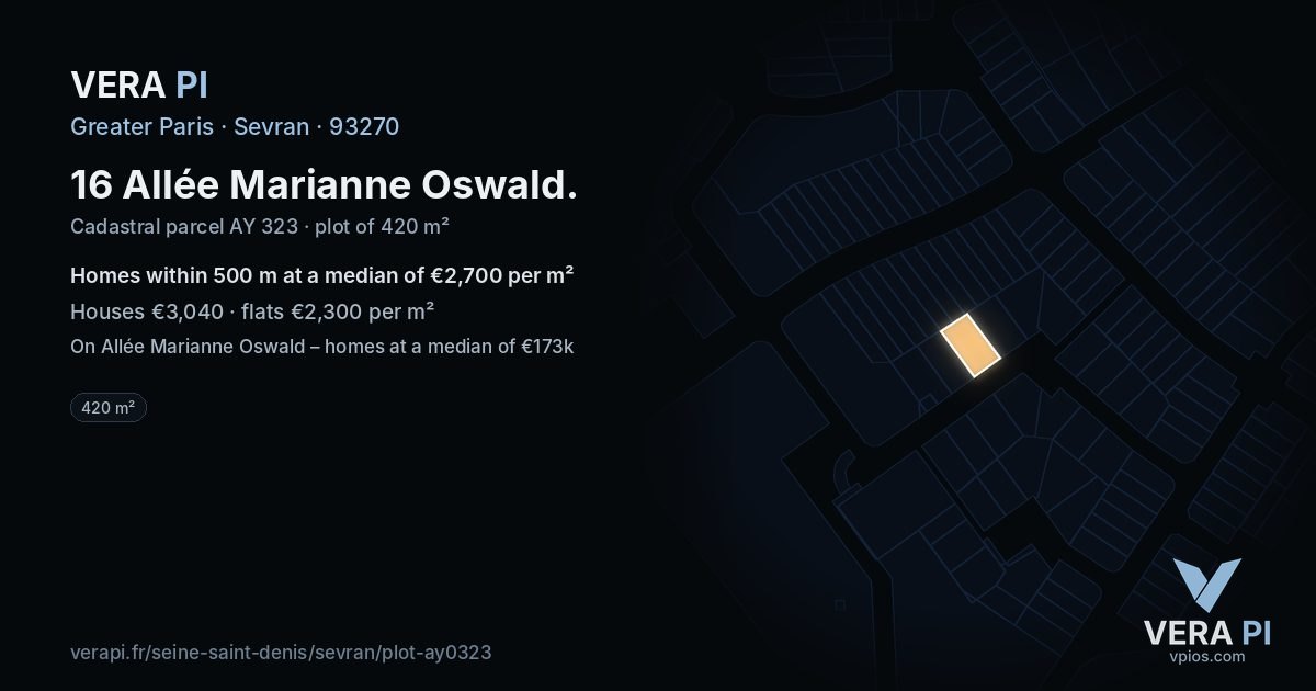 16 Allée Marianne Oswald, Sevran at night – the plot lit, the parcels around coloured by the prices near them