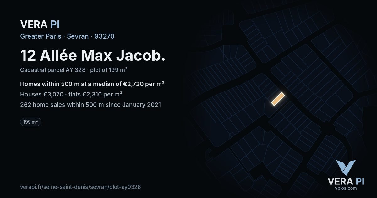 12 Allée Max Jacob, Sevran at night – the plot lit, the parcels around coloured by the prices near them