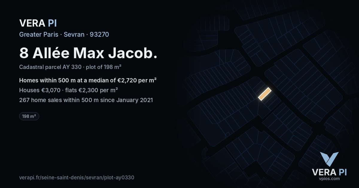 8 Allée Max Jacob, Sevran at night – the plot lit, the parcels around coloured by the prices near them