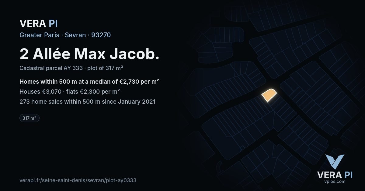 2 Allée Max Jacob, Sevran at night – the plot lit, the parcels around coloured by the prices near them