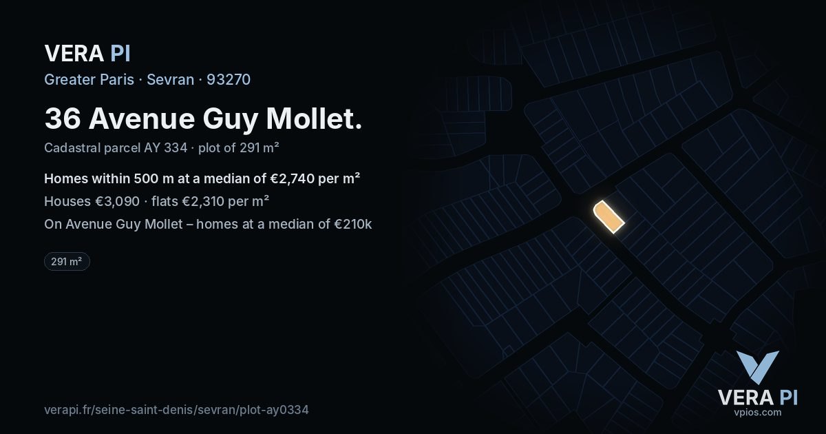36 Avenue Guy Mollet, Sevran at night – the plot lit, the parcels around coloured by the prices near them