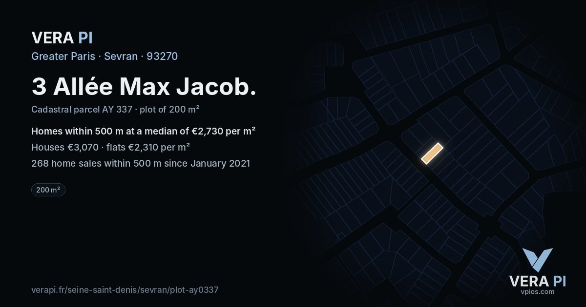 3 Allée Max Jacob, Sevran at night – the plot lit, the parcels around coloured by the prices near them
