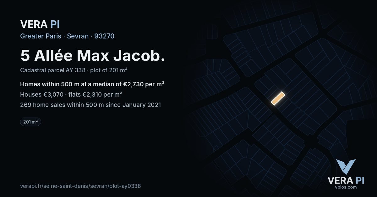 5 Allée Max Jacob, Sevran at night – the plot lit, the parcels around coloured by the prices near them