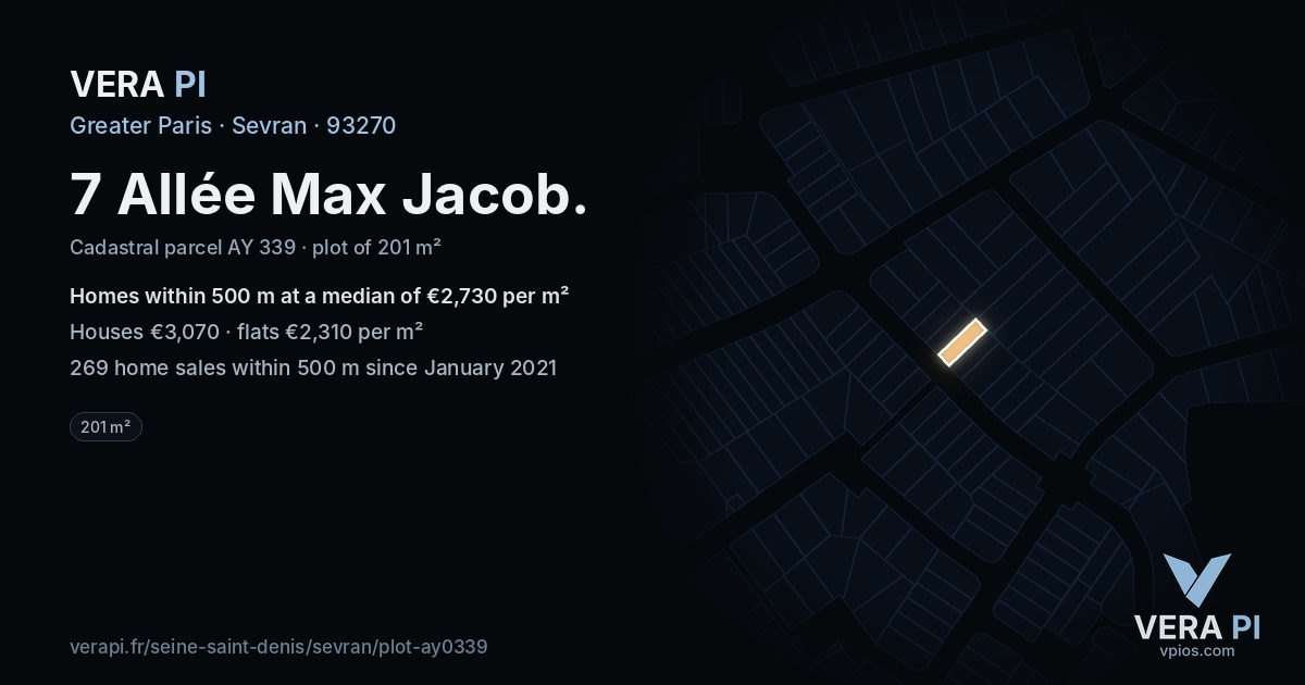 7 Allée Max Jacob, Sevran at night – the plot lit, the parcels around coloured by the prices near them