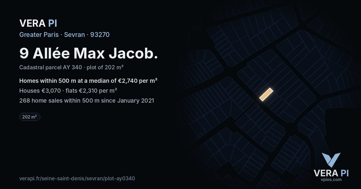 9 Allée Max Jacob, Sevran at night – the plot lit, the parcels around coloured by the prices near them