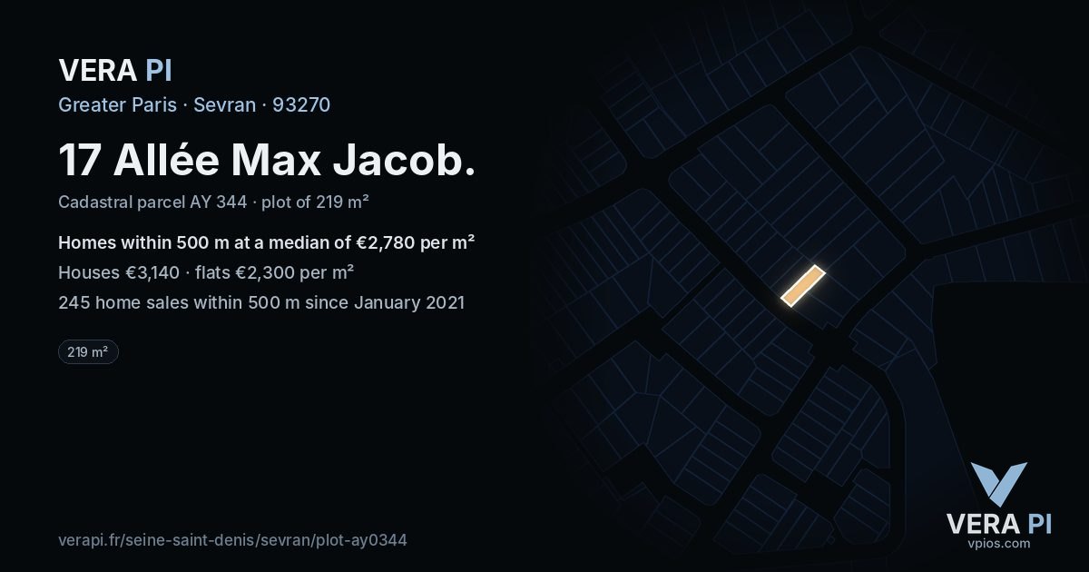 17 Allée Max Jacob, Sevran at night – the plot lit, the parcels around coloured by the prices near them