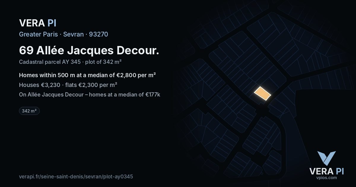 69 Allée Jacques Decour, Sevran at night – the plot lit, the parcels around coloured by the prices near them