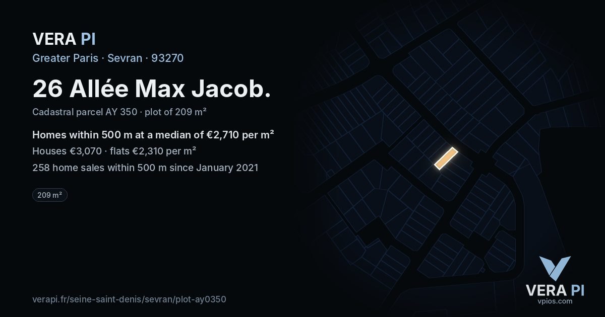 26 Allée Max Jacob, Sevran at night – the plot lit, the parcels around coloured by the prices near them
