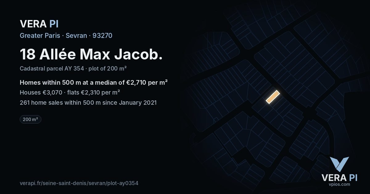 18 Allée Max Jacob, Sevran at night – the plot lit, the parcels around coloured by the prices near them