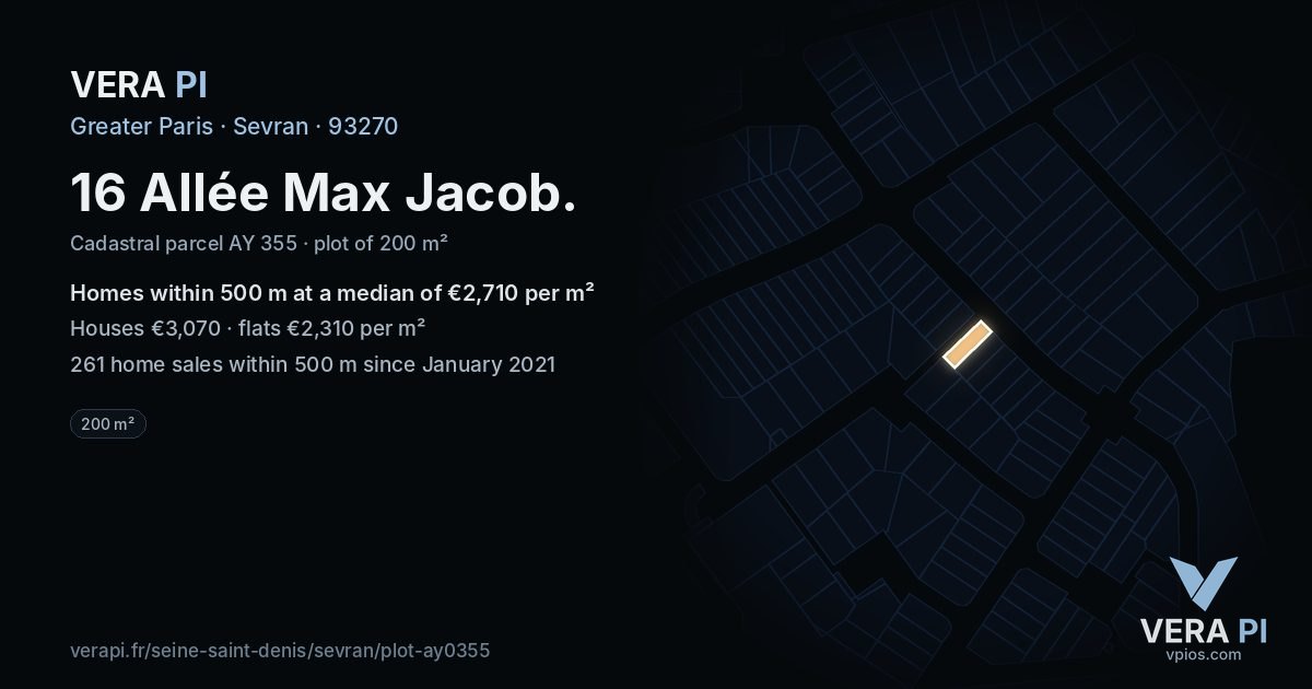 16 Allée Max Jacob, Sevran at night – the plot lit, the parcels around coloured by the prices near them