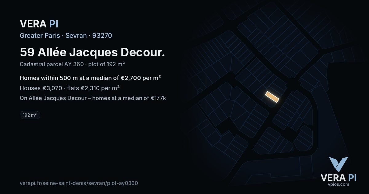 59 Allée Jacques Decour, Sevran at night – the plot lit, the parcels around coloured by the prices near them