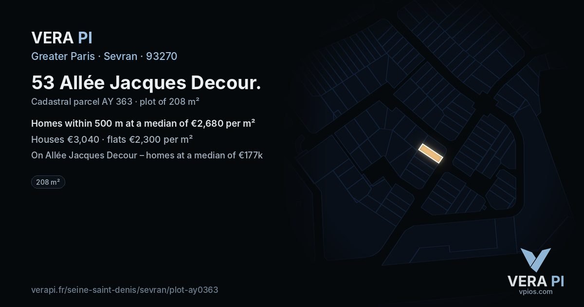53 Allée Jacques Decour, Sevran at night – the plot lit, the parcels around coloured by the prices near them