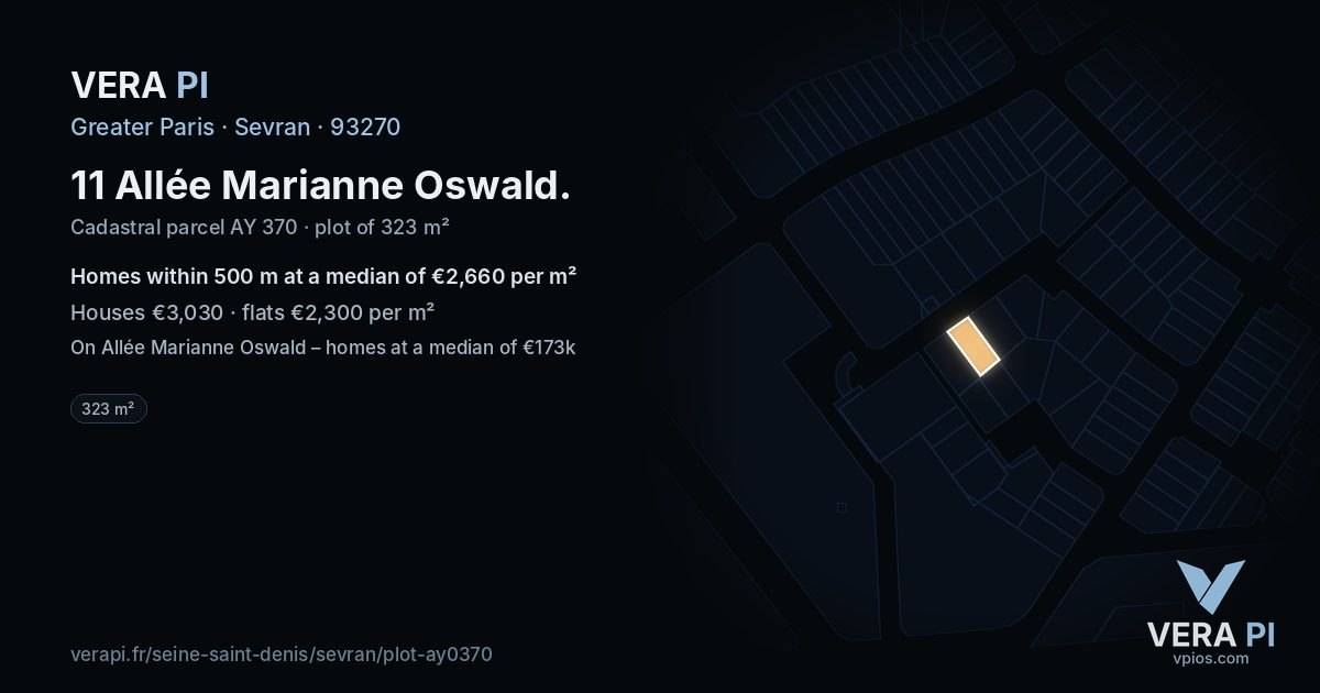 11 Allée Marianne Oswald, Sevran at night – the plot lit, the parcels around coloured by the prices near them
