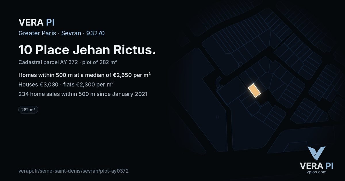 10 Place Jehan Rictus, Sevran at night – the plot lit, the parcels around coloured by the prices near them