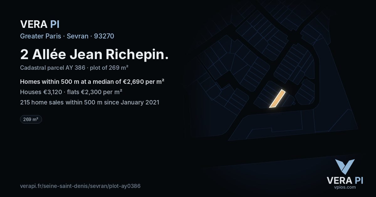 2 Allée Jean Richepin, Sevran at night – the plot lit, the parcels around coloured by the prices near them