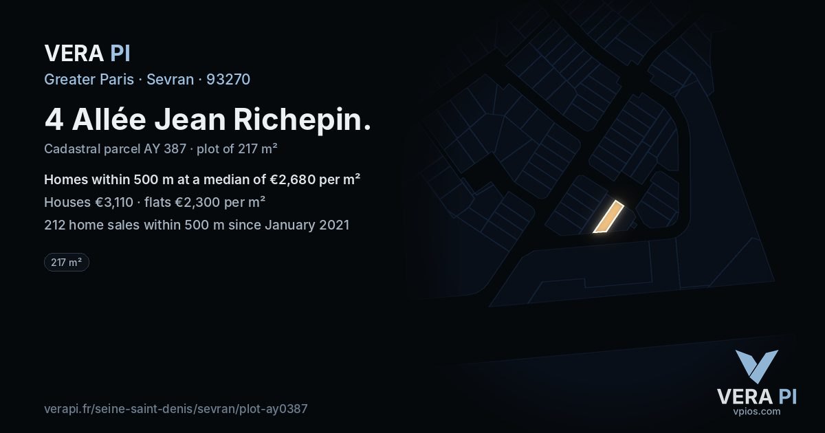 4 Allée Jean Richepin, Sevran at night – the plot lit, the parcels around coloured by the prices near them
