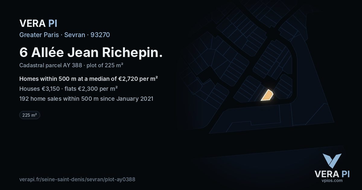 6 Allée Jean Richepin, Sevran at night – the plot lit, the parcels around coloured by the prices near them