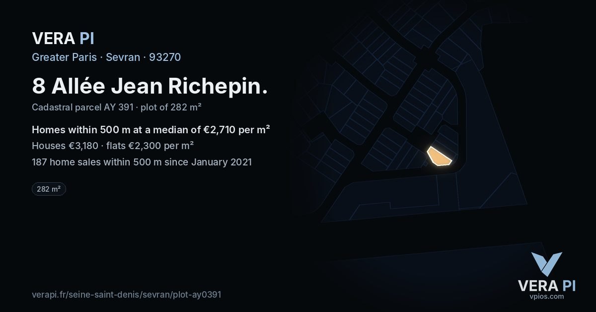 8 Allée Jean Richepin, Sevran at night – the plot lit, the parcels around coloured by the prices near them