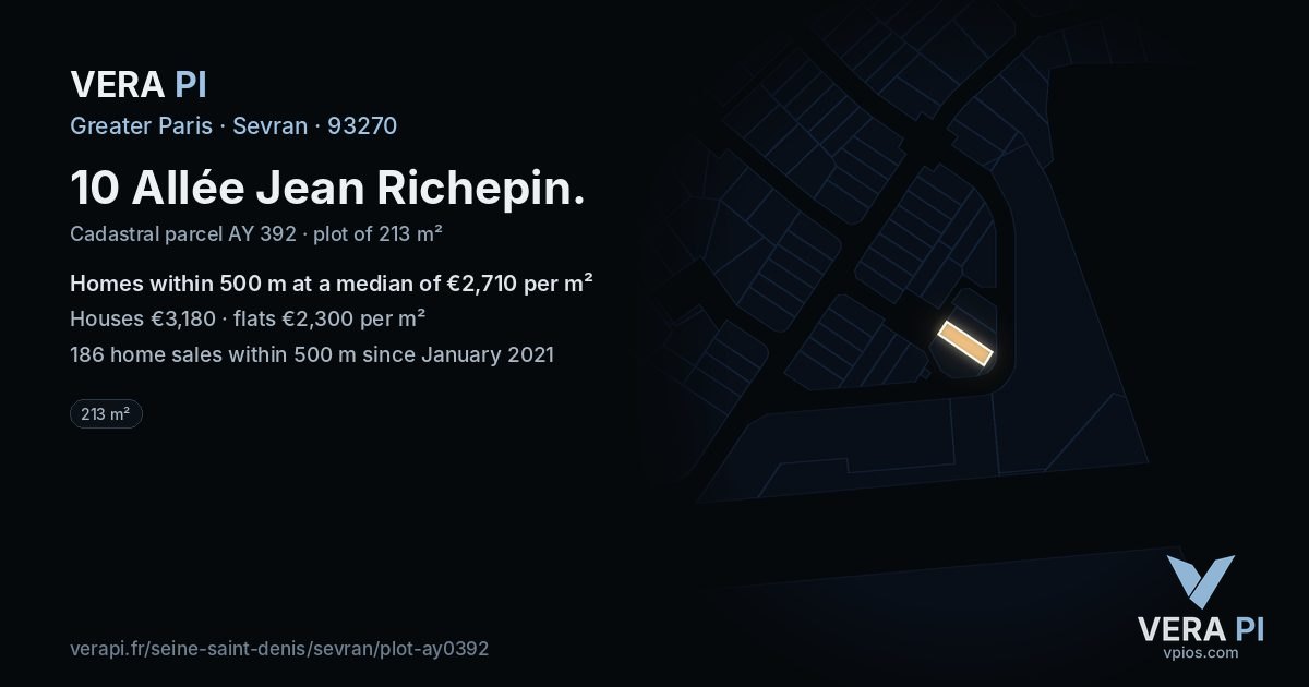 10 Allée Jean Richepin, Sevran at night – the plot lit, the parcels around coloured by the prices near them
