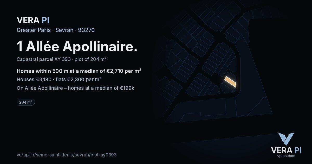 1 Allée Apollinaire, Sevran at night – the plot lit, the parcels around coloured by the prices near them