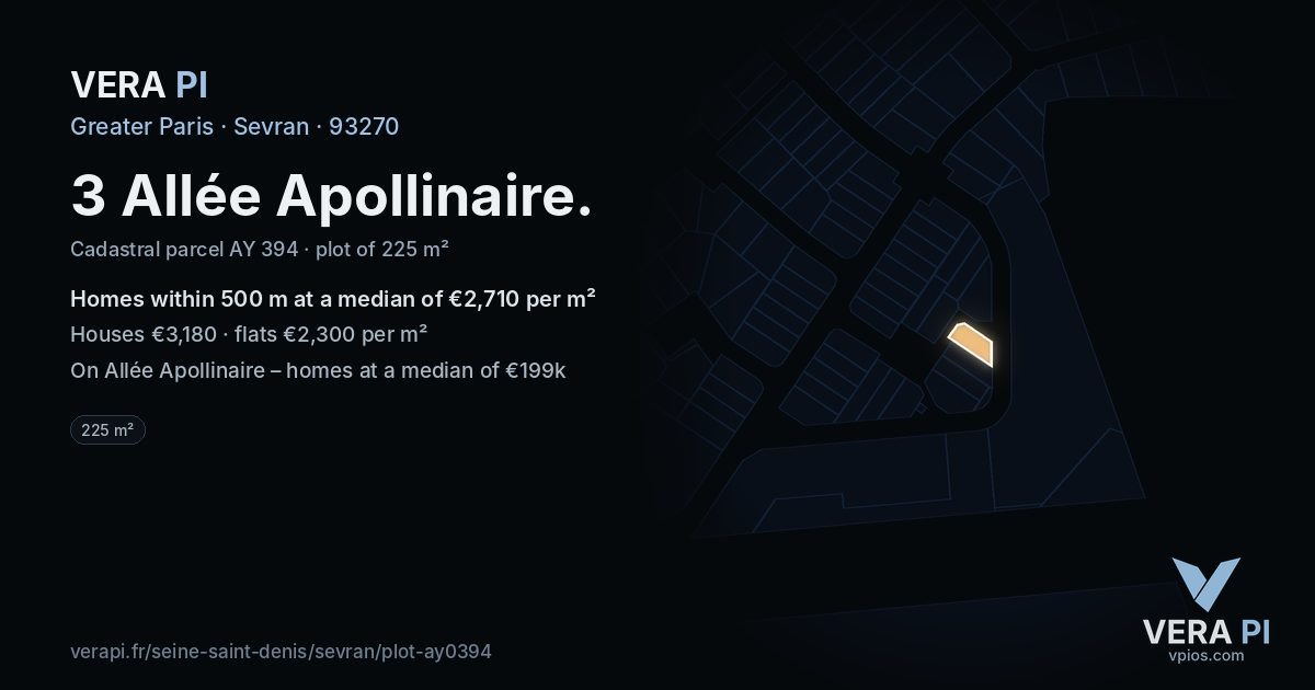 3 Allée Apollinaire, Sevran at night – the plot lit, the parcels around coloured by the prices near them