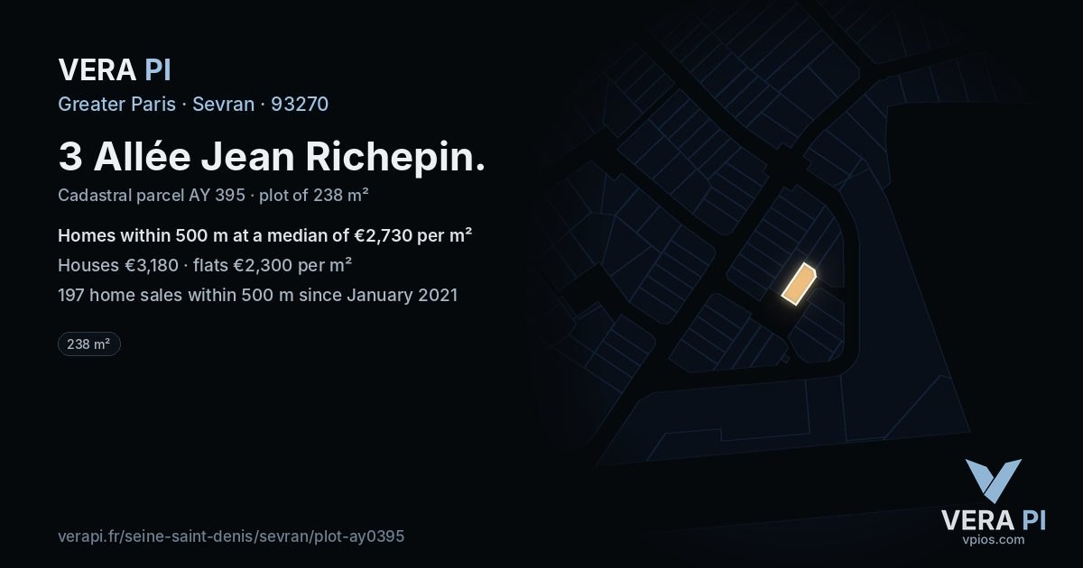 3 Allée Jean Richepin, Sevran at night – the plot lit, the parcels around coloured by the prices near them