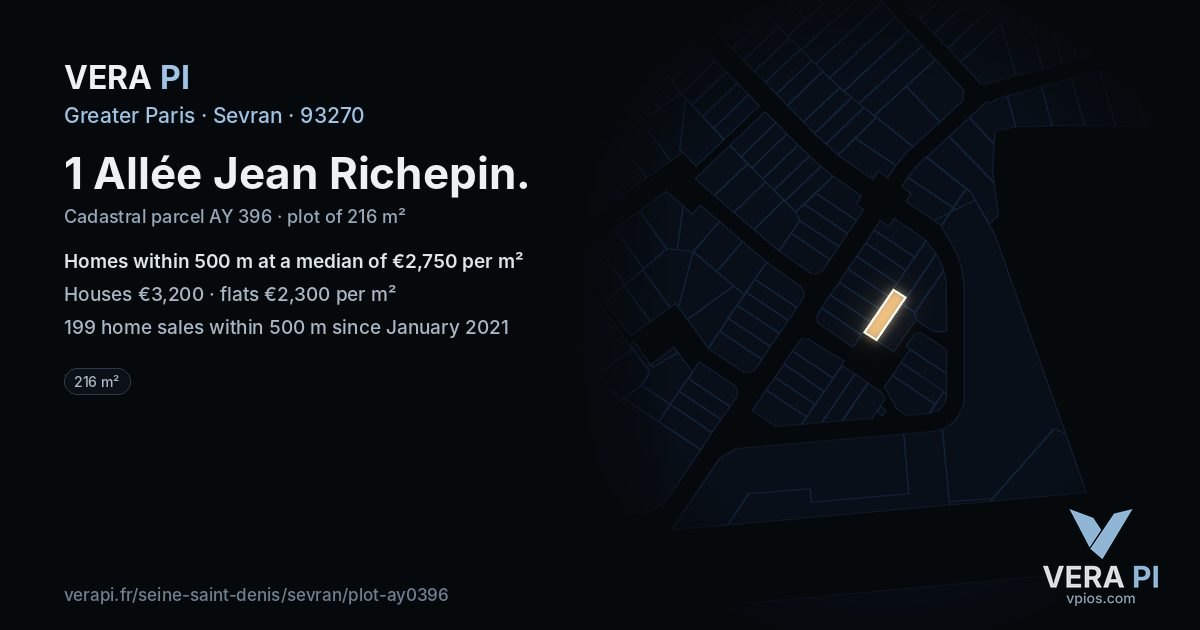 1 Allée Jean Richepin, Sevran at night – the plot lit, the parcels around coloured by the prices near them