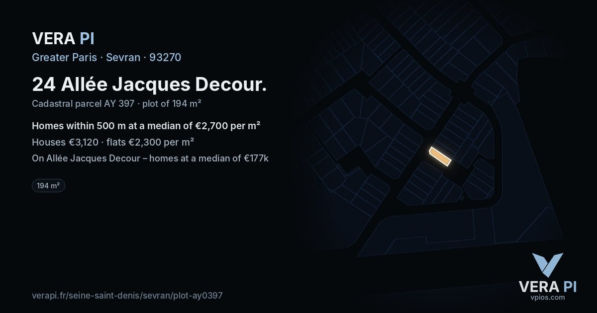 24 Allée Jacques Decour, Sevran at night – the plot lit, the parcels around coloured by the prices near them