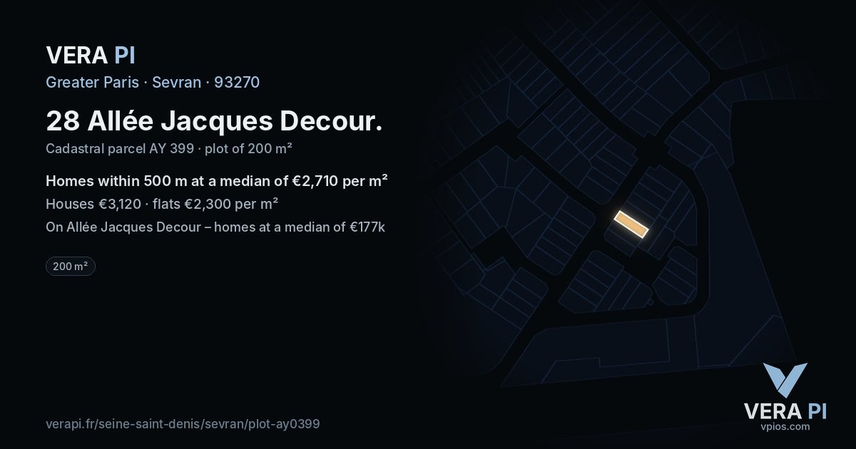 28 Allée Jacques Decour, Sevran at night – the plot lit, the parcels around coloured by the prices near them