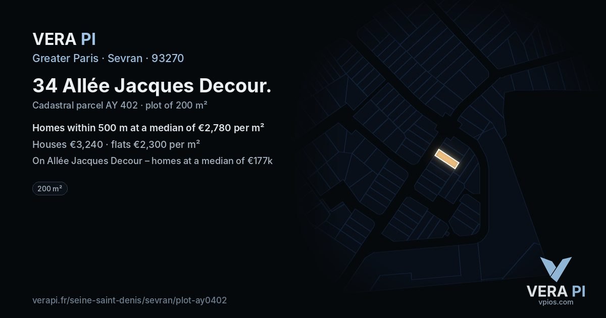 34 Allée Jacques Decour, Sevran at night – the plot lit, the parcels around coloured by the prices near them