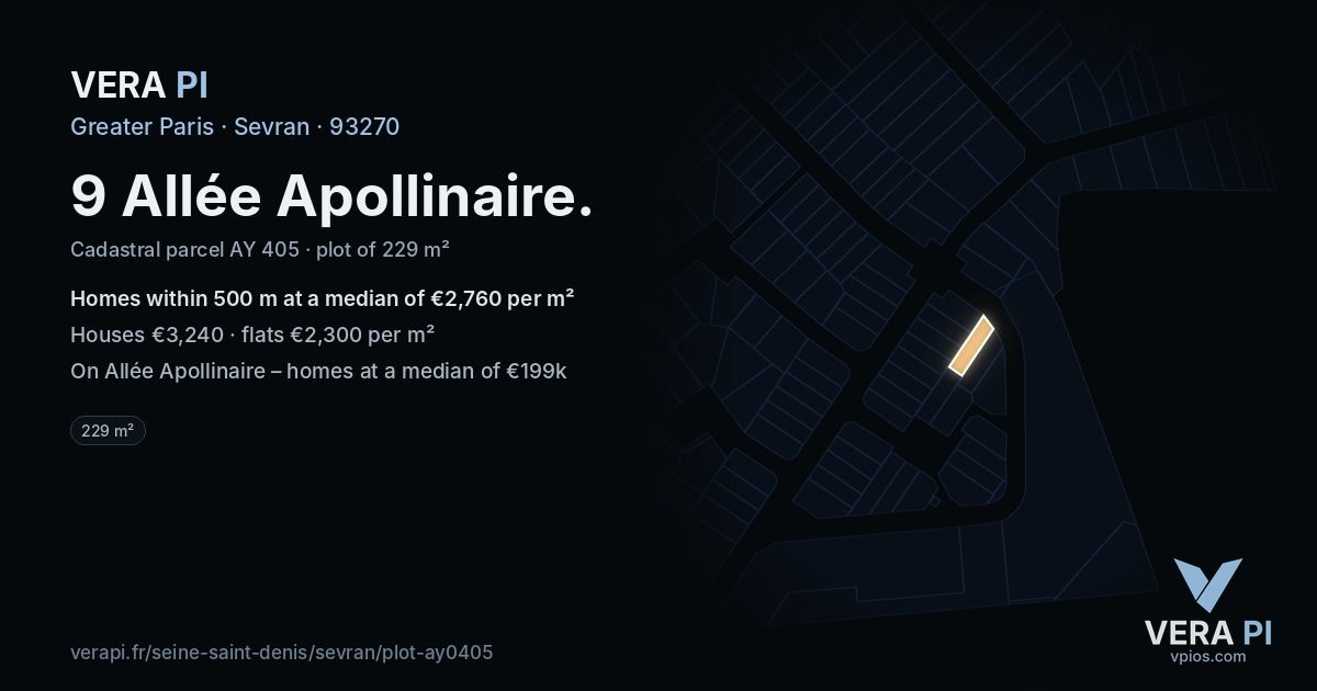 9 Allée Apollinaire, Sevran at night – the plot lit, the parcels around coloured by the prices near them