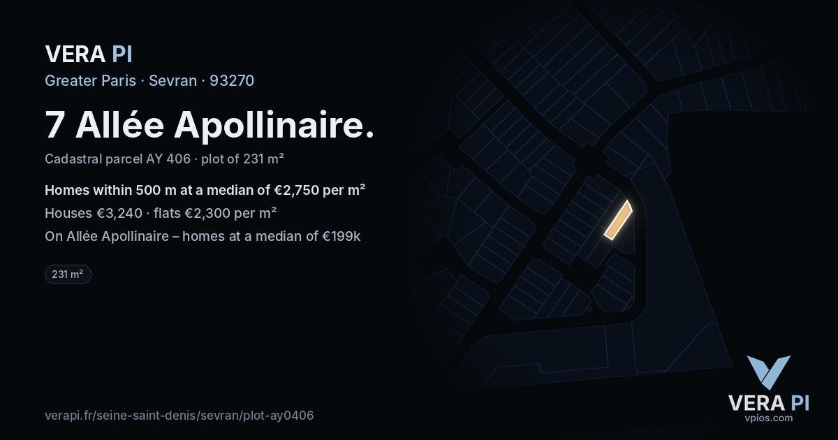 7 Allée Apollinaire, Sevran at night – the plot lit, the parcels around coloured by the prices near them