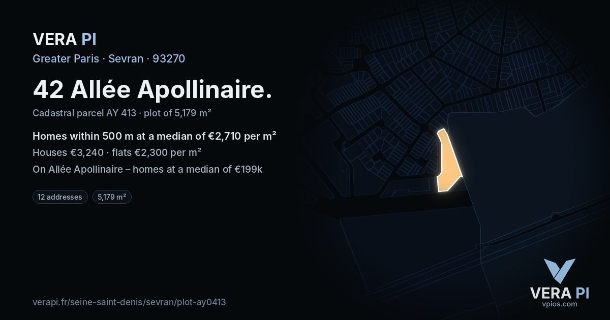 42 Allée Apollinaire, Sevran at night – the plot lit, the parcels around coloured by the prices near them