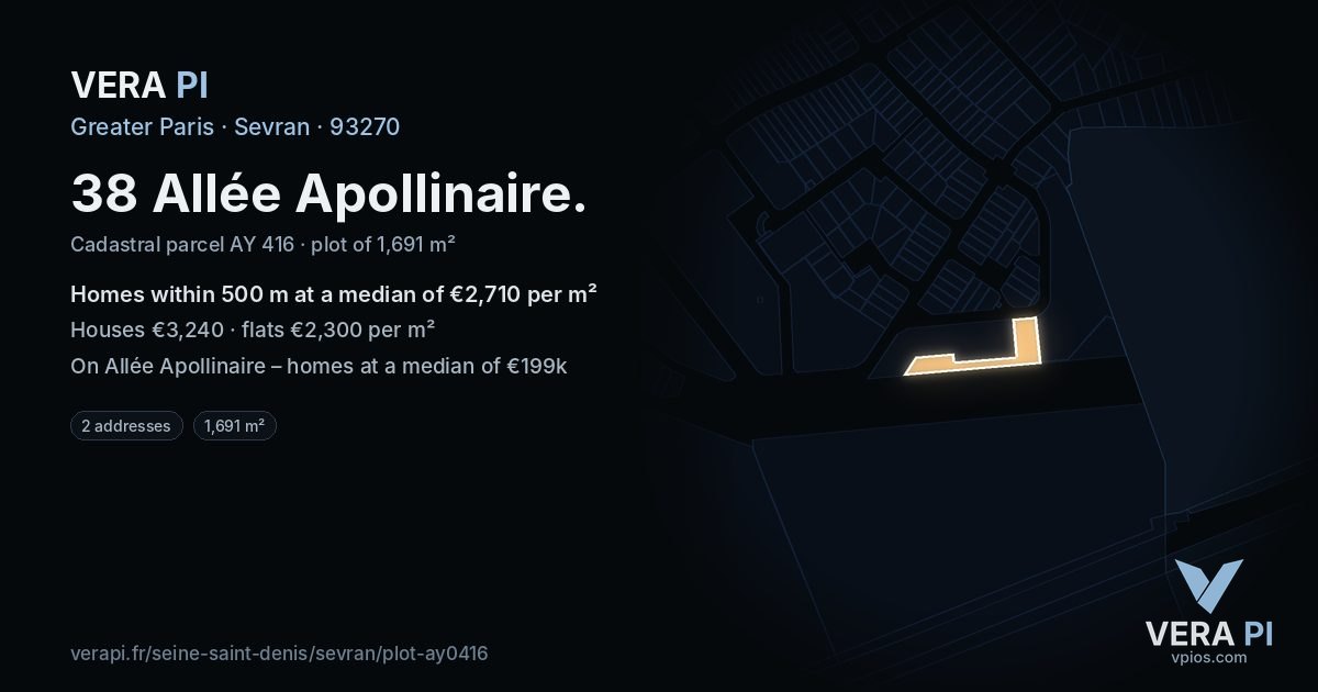 38 Allée Apollinaire, Sevran at night – the plot lit, the parcels around coloured by the prices near them