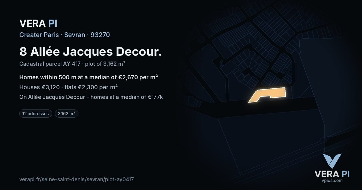 8 Allée Jacques Decour, Sevran at night – the plot lit, the parcels around coloured by the prices near them