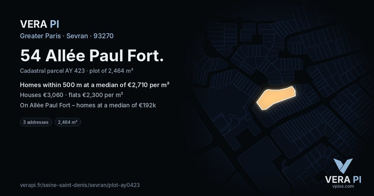 54 Allée Paul Fort, Sevran at night – the plot lit, the parcels around coloured by the prices near them