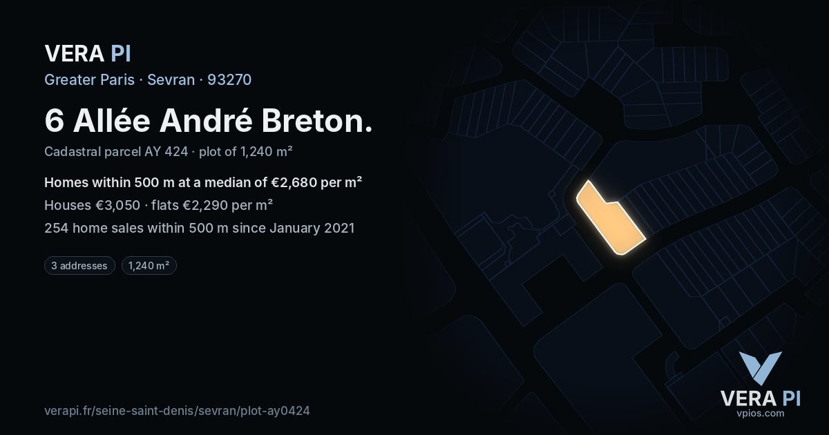 6 Allée André Breton, Sevran at night – the plot lit, the parcels around coloured by the prices near them