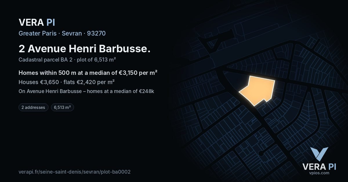 2 Avenue Henri Barbusse, Sevran at night – the plot lit, the parcels around coloured by the prices near them