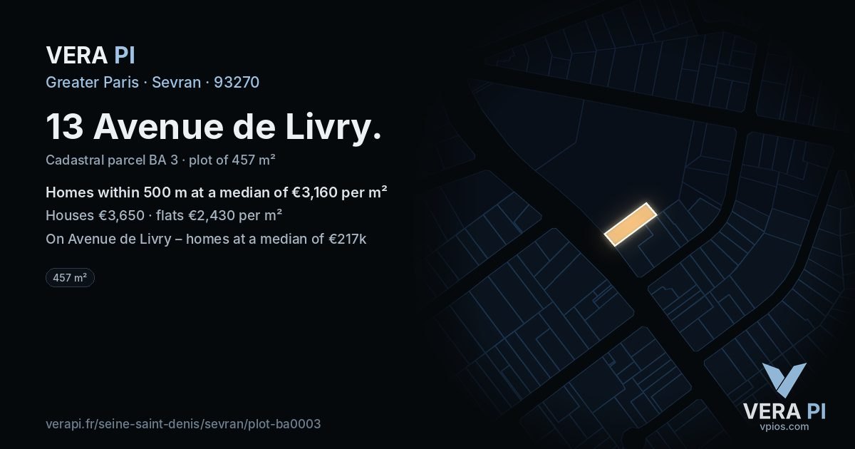 13 Avenue de Livry, Sevran at night – the plot lit, the parcels around coloured by the prices near them