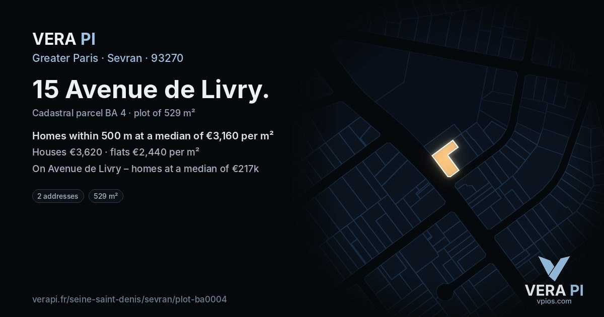 15 Avenue de Livry, Sevran at night – the plot lit, the parcels around coloured by the prices near them