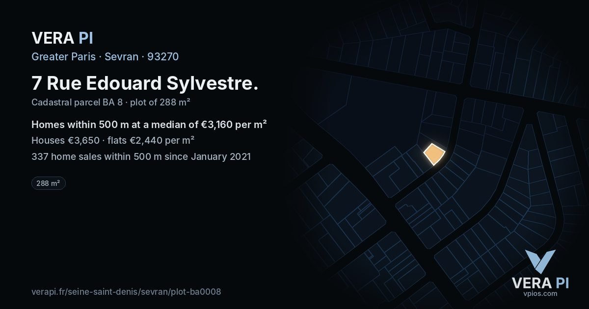 7 Rue Edouard Sylvestre, Sevran at night – the plot lit, the parcels around coloured by the prices near them