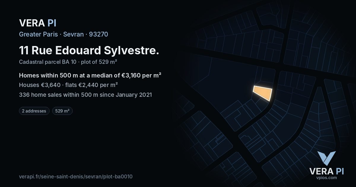 11 Rue Edouard Sylvestre, Sevran at night – the plot lit, the parcels around coloured by the prices near them