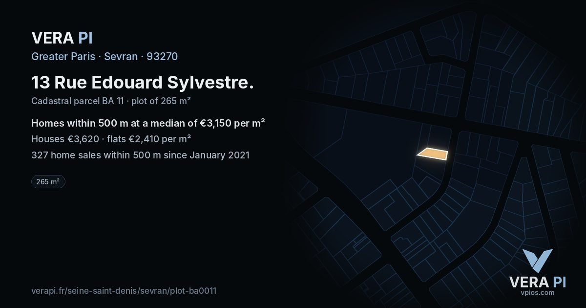 13 Rue Edouard Sylvestre, Sevran at night – the plot lit, the parcels around coloured by the prices near them
