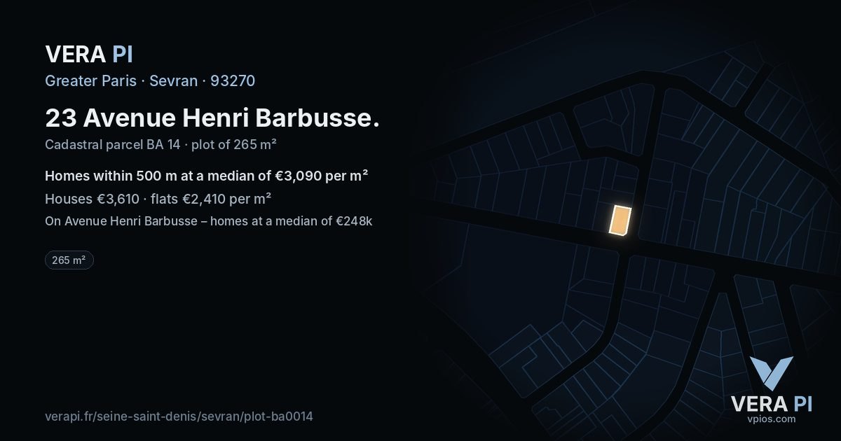 23 Avenue Henri Barbusse, Sevran at night – the plot lit, the parcels around coloured by the prices near them