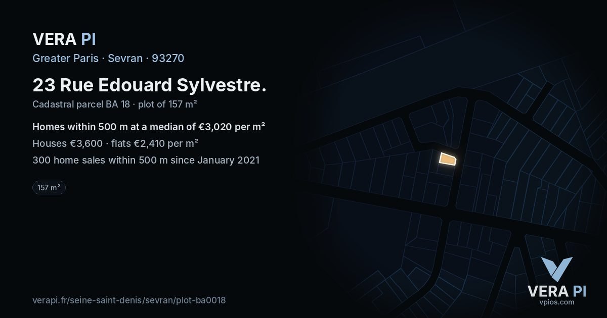 23 Rue Edouard Sylvestre, Sevran at night – the plot lit, the parcels around coloured by the prices near them
