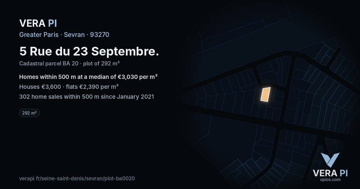 5 Rue du 23 Septembre, Sevran at night – the plot lit, the parcels around coloured by the prices near them